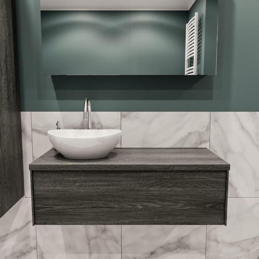 Zaro Lush onderkast met topblad 100cm in kleur ANTRACITE met 1 lades Push tot open geschikt voor linkse wastafel. Met ovale keramische opzetkom met 1 kraangat(en) in het topblad - Foto 2