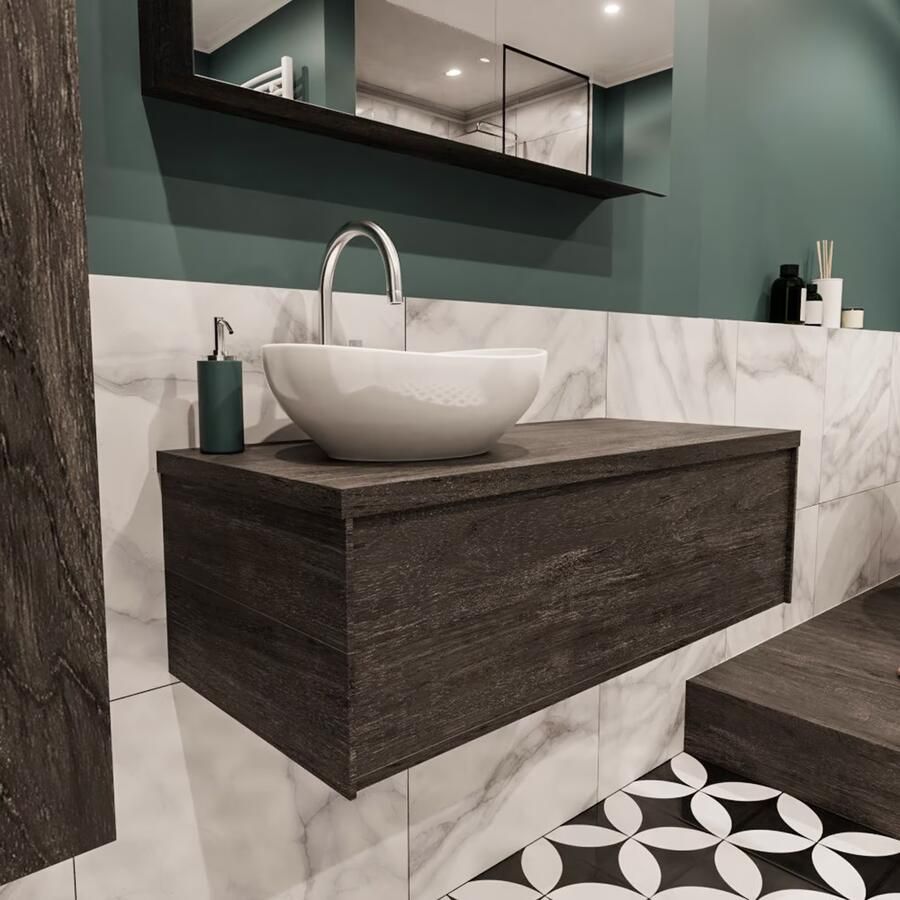 Zaro Lush onderkast met topblad 100cm in kleur DARK BROWN met 1 lades Push tot open geschikt voor linkse wastafel. Met ovale keramische opzetkom met 1 kraangat(en) in het topblad - Foto 4