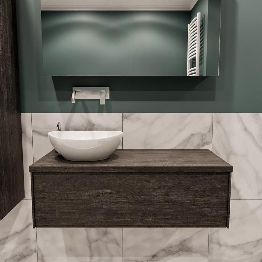 Zaro Lush onderkast met topblad 100cm in kleur DARK BROWN met 1 lades Push tot open geschikt voor linkse wastafel. Met ovale keramische opzetkom met 0 kraangat(en) in het topblad - Foto 2