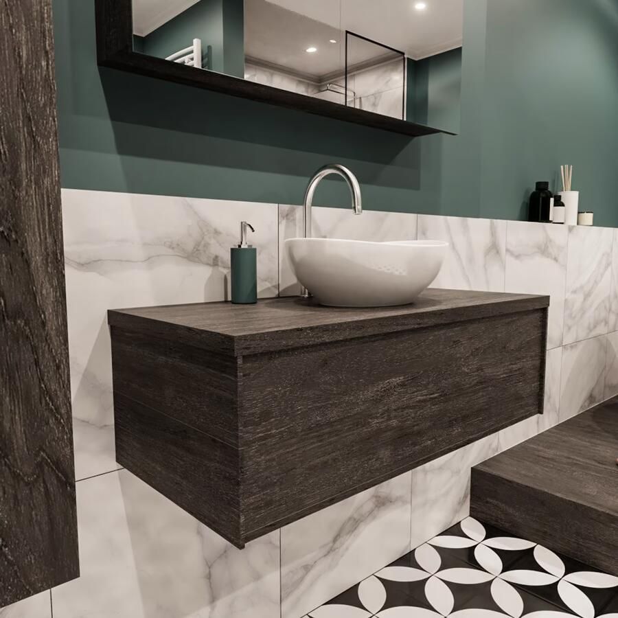 Zaro Lush onderkast met topblad 100cm in kleur DARK BROWN met 1 lades Push tot open geschikt voor gecentreerde wastafel. Met ovale keramische opzetkom met 1 kraangat(en) in het topblad - Foto 4