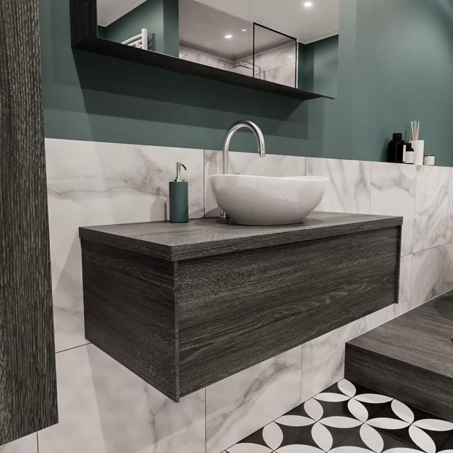 Zaro Lush onderkast met topblad 100cm in kleur ANTRACITE met 1 lades Push tot open geschikt voor gecentreerde wastafel. Met ovale keramische opzetkom met 1 kraangat(en) in het topblad - Foto 3