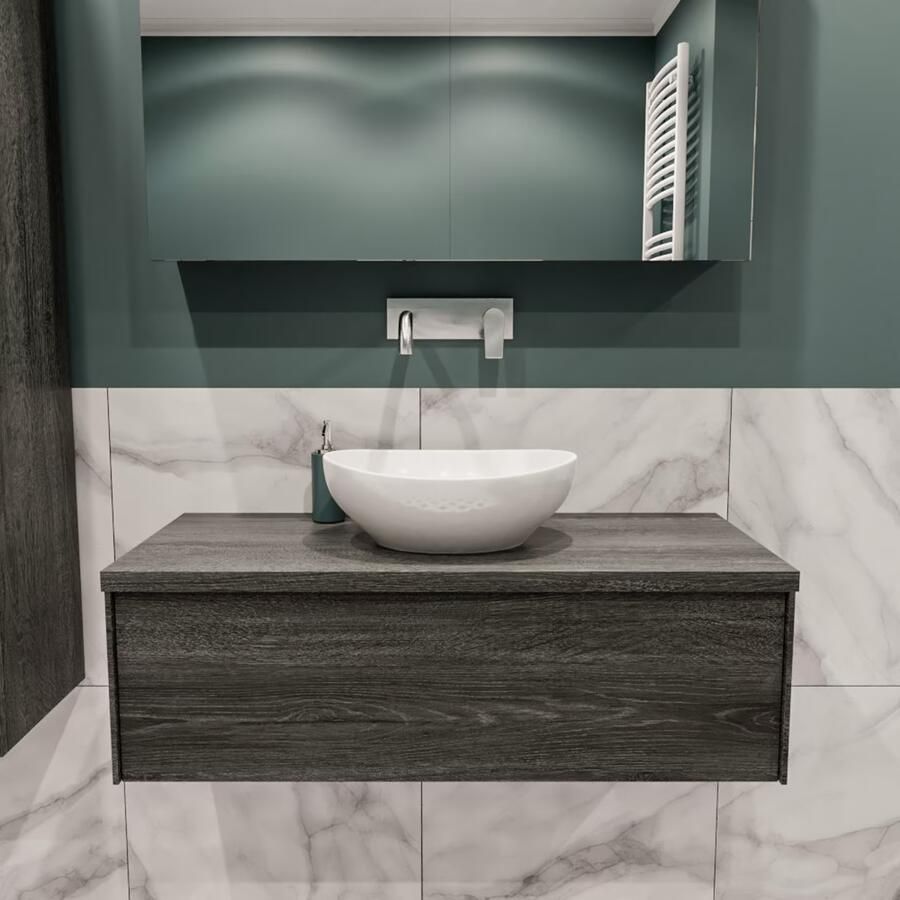 Zaro Lush onderkast met topblad 100cm in kleur ANTRACITE met 1 lades Push tot open geschikt voor gecentreerde wastafel. Met ovale keramische opzetkom met 0 kraangat(en) in het topblad - Foto 2