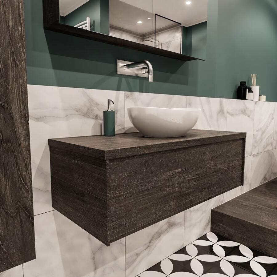 Zaro Lush onderkast met topblad 100cm in kleur DARK BROWN met 1 lades Push tot open geschikt voor gecentreerde wastafel. Met ovale keramische opzetkom met 0 kraangat(en) in het topblad - Foto 2