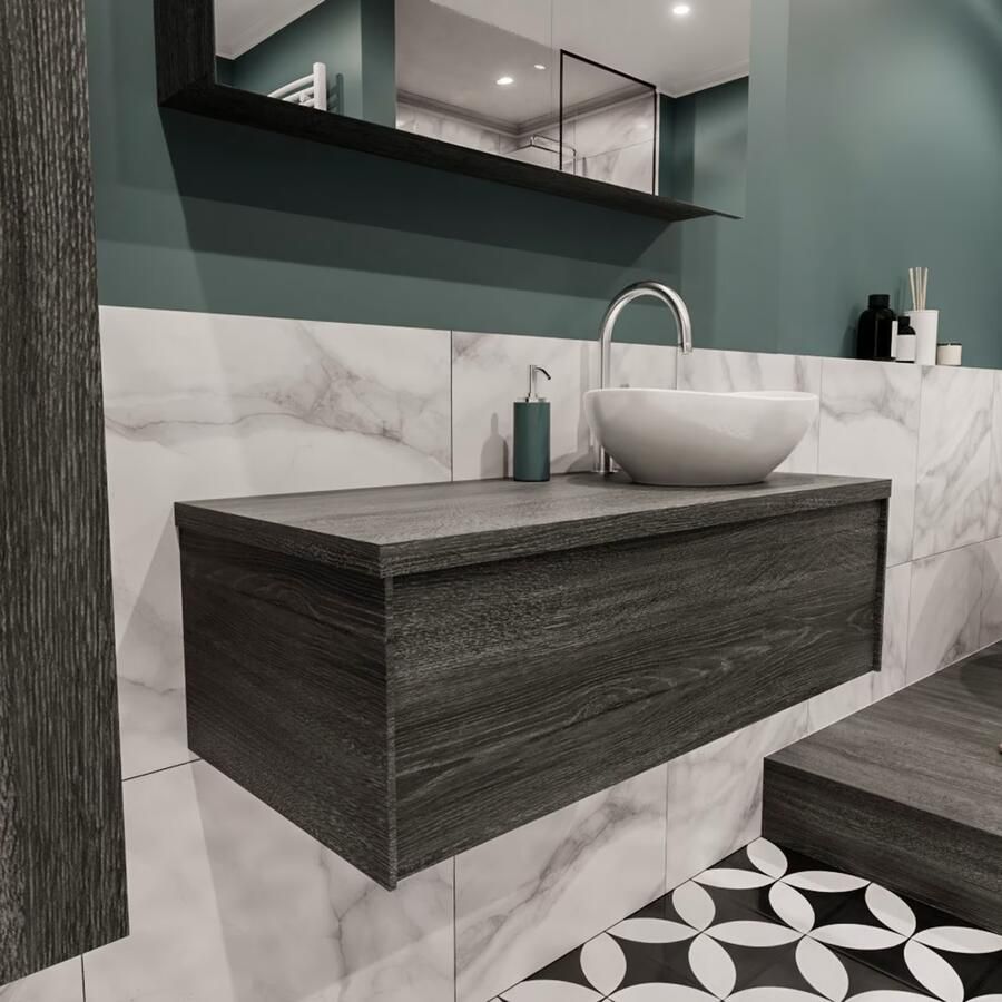 Zaro Lush onderkast met topblad 100cm in kleur ANTRACITE met 1 lades Push tot open geschikt voor rechtse wastafel. Met ovale keramische opzetkom met 1 kraangat(en) in het topblad - Foto 4