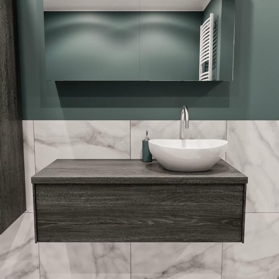 Zaro Lush onderkast met topblad 100cm in kleur ANTRACITE met 1 lades Push tot open geschikt voor rechtse wastafel. Met ovale keramische opzetkom met 1 kraangat(en) in het topblad - Foto 2