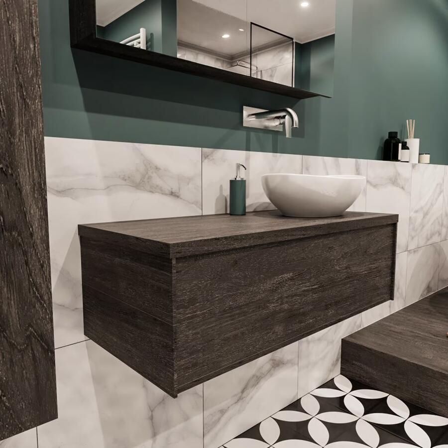 Zaro Lush onderkast met topblad 100cm in kleur DARK BROWN met 1 lades Push tot open geschikt voor rechtse wastafel. Met ovale keramische opzetkom met 0 kraangat(en) in het topblad - Foto 4