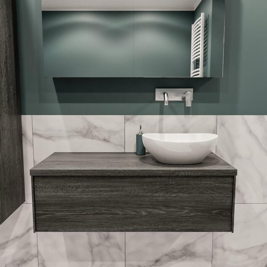 Zaro Lush onderkast met topblad 100cm in kleur ANTRACITE met 1 lades Push tot open geschikt voor rechtse wastafel. Met ovale keramische opzetkom met 0 kraangat(en) in het topblad - Foto 2