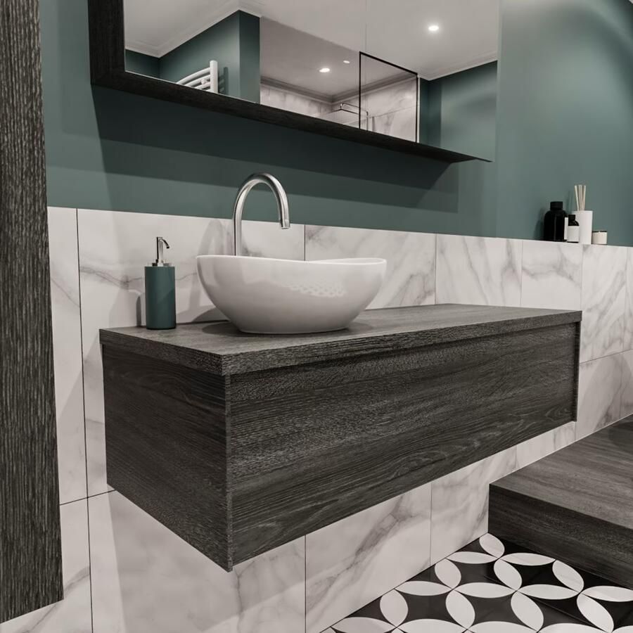 Zaro Lush onderkast met topblad 120cm in kleur ANTRACITE met 1 lades Push tot open geschikt voor linkse wastafel. Met ovale keramische opzetkom met 1 kraangat(en) in het topblad - Foto 4