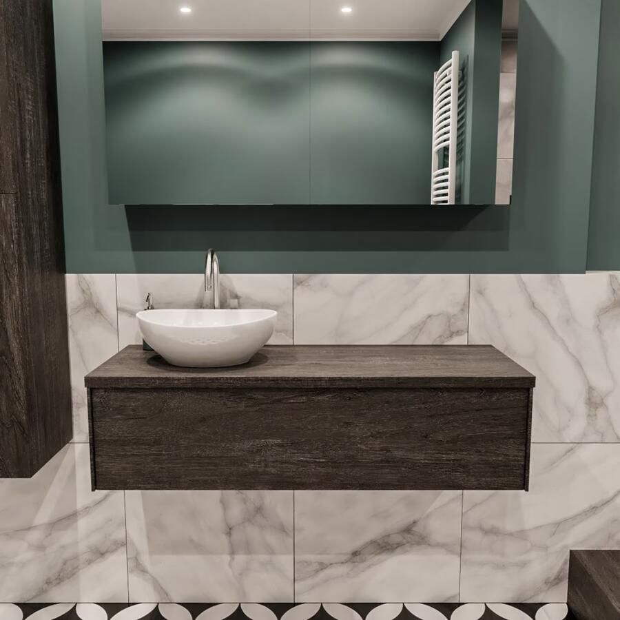 Zaro Lush onderkast met topblad 120cm in kleur DARK BROWN met 1 lades Push tot open geschikt voor linkse wastafel. Met ovale keramische opzetkom met 1 kraangat(en) in het topblad - Foto 2