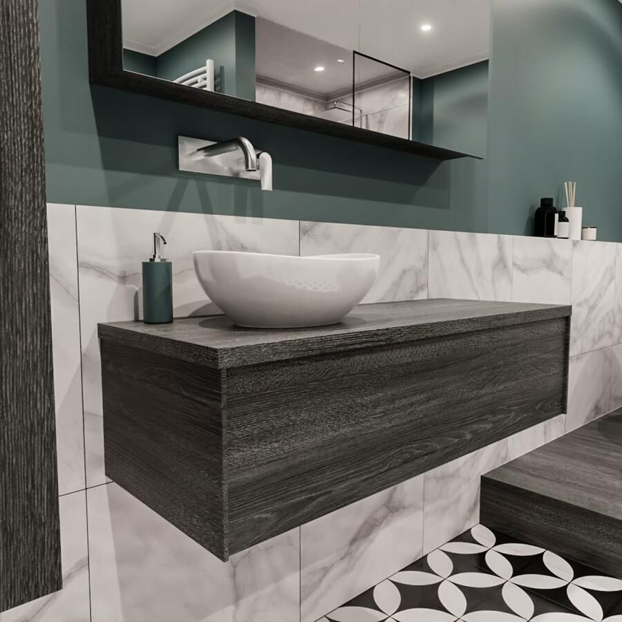 Zaro Lush onderkast met topblad 120cm in kleur ANTRACITE met 1 lades Push tot open geschikt voor linkse wastafel. Met ovale keramische opzetkom met 0 kraangat(en) in het topblad - Foto 4