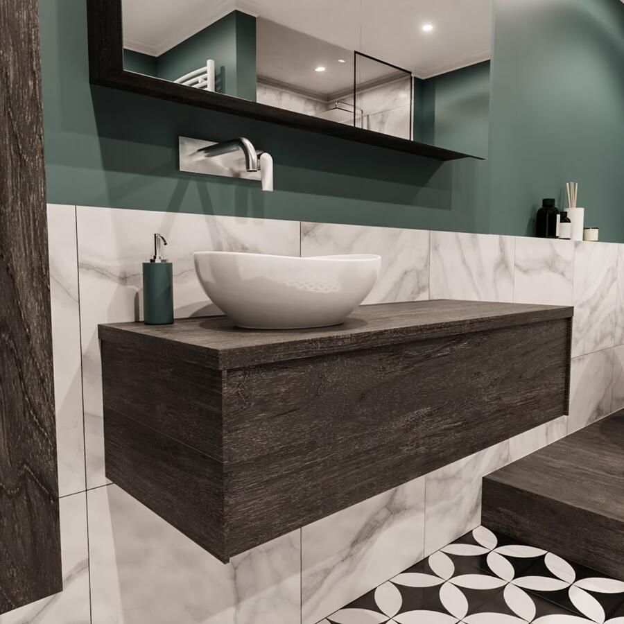 Zaro Lush onderkast met topblad 120cm in kleur DARK BROWN met 1 lades Push tot open geschikt voor linkse wastafel. Met ovale keramische opzetkom met 0 kraangat(en) in het topblad - Foto 4