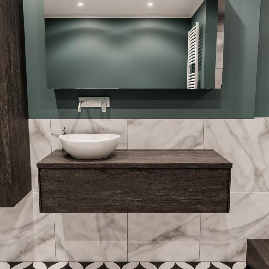 Zaro Lush onderkast met topblad 120cm in kleur DARK BROWN met 1 lades Push tot open geschikt voor linkse wastafel. Met ovale keramische opzetkom met 0 kraangat(en) in het topblad - Foto 2