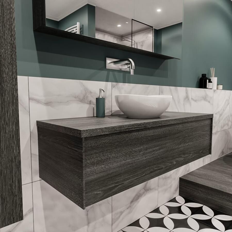 Zaro Lush onderkast met topblad 120cm in kleur ANTRACITE met 1 lades Push tot open geschikt voor gecentreerde wastafel. Met ovale keramische opzetkom met 0 kraangat(en) in het topblad - Foto 3