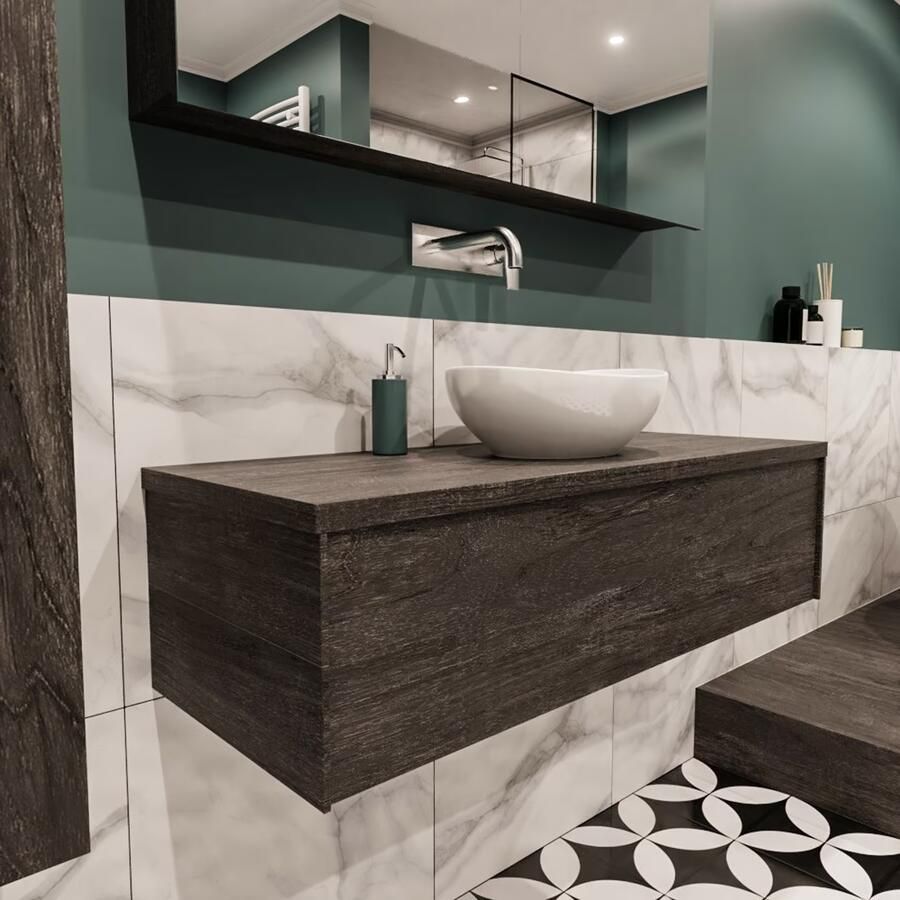 Zaro Lush onderkast met topblad 120cm in kleur DARK BROWN met 1 lades Push tot open geschikt voor gecentreerde wastafel. Met ovale keramische opzetkom met 0 kraangat(en) in het topblad - Foto 4