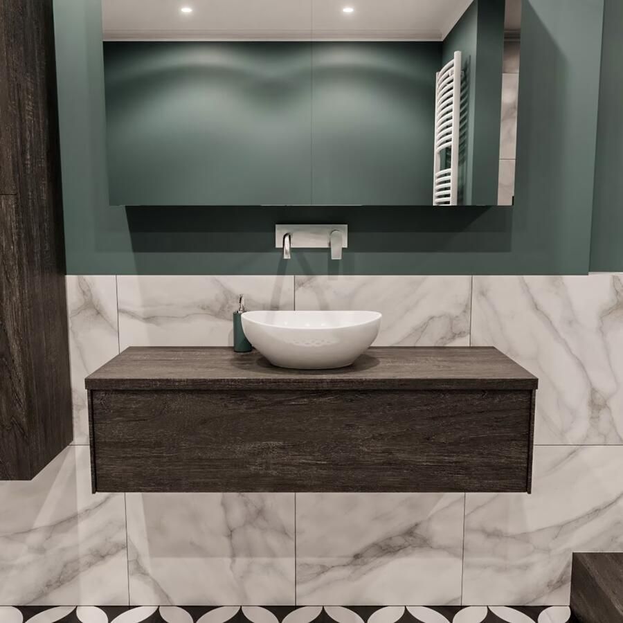 Zaro Lush onderkast met topblad 120cm in kleur DARK BROWN met 1 lades Push tot open geschikt voor gecentreerde wastafel. Met ovale keramische opzetkom met 0 kraangat(en) in het topblad - Foto 2