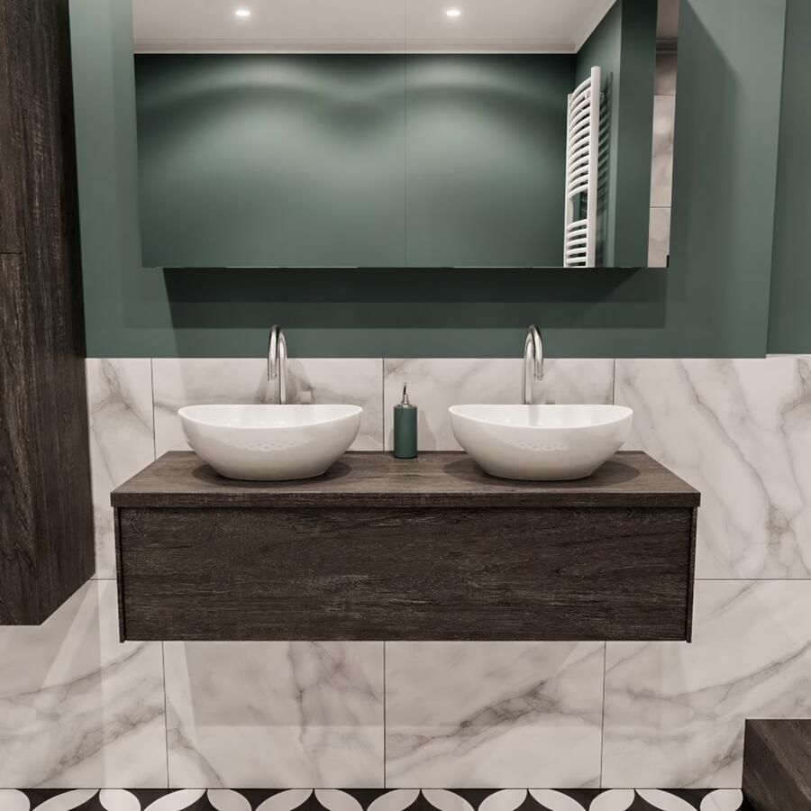 Zaro Lush onderkast met topblad 120cm in kleur DARK BROWN met 1 lades Push tot open geschikt voor dubbele wastafel. Met ovale keramische opzetkom met 2 kraangat(en) in het topblad - Foto 3