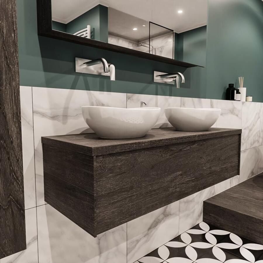 Zaro Lush onderkast met topblad 120cm in kleur DARK BROWN met 1 lades Push tot open geschikt voor dubbele wastafel. Met ovale keramische opzetkom met 0 kraangat(en) in het topblad - Foto 4