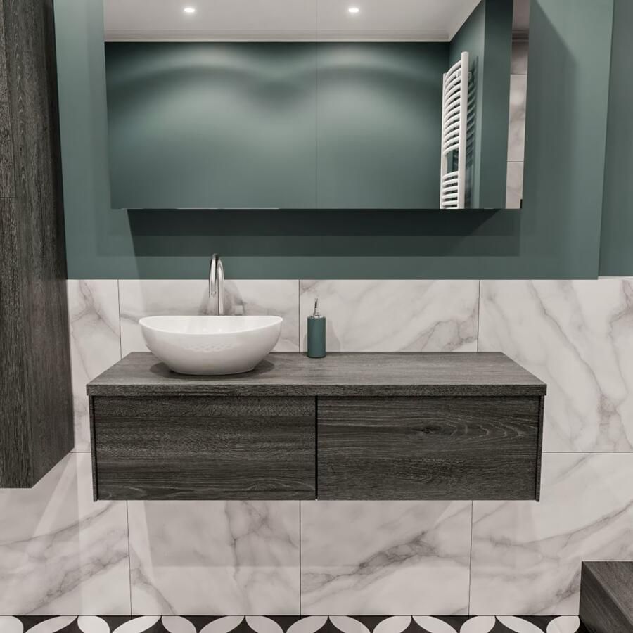 Zaro Lush onderkast met topblad 120cm in kleur ANTRACITE met 2 lades Push tot open geschikt voor linkse wastafel. Met ovale keramische opzetkom met 1 kraangat(en) in het topblad - Foto 2