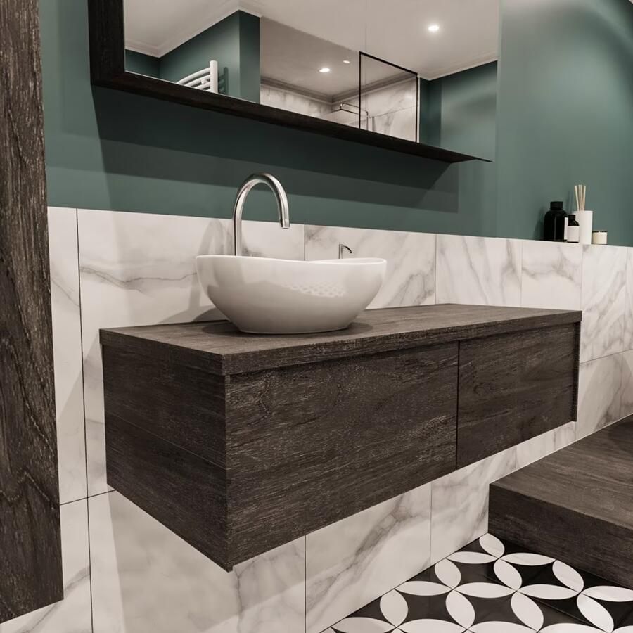 Zaro Lush onderkast met topblad 120cm in kleur DARK BROWN met 2 lades Push tot open geschikt voor linkse wastafel. Met ovale keramische opzetkom met 1 kraangat(en) in het topblad - Foto 4