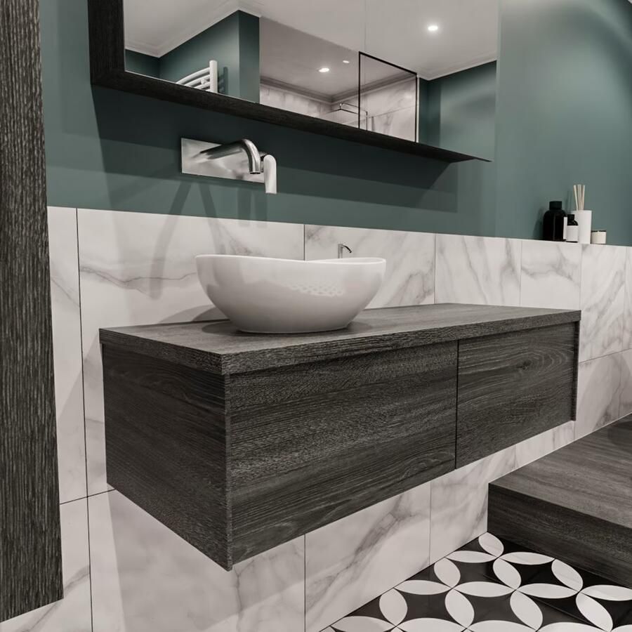 Zaro Lush onderkast met topblad 120cm in kleur ANTRACITE met 2 lades Push tot open geschikt voor linkse wastafel. Met ovale keramische opzetkom met 0 kraangat(en) in het topblad - Foto 4