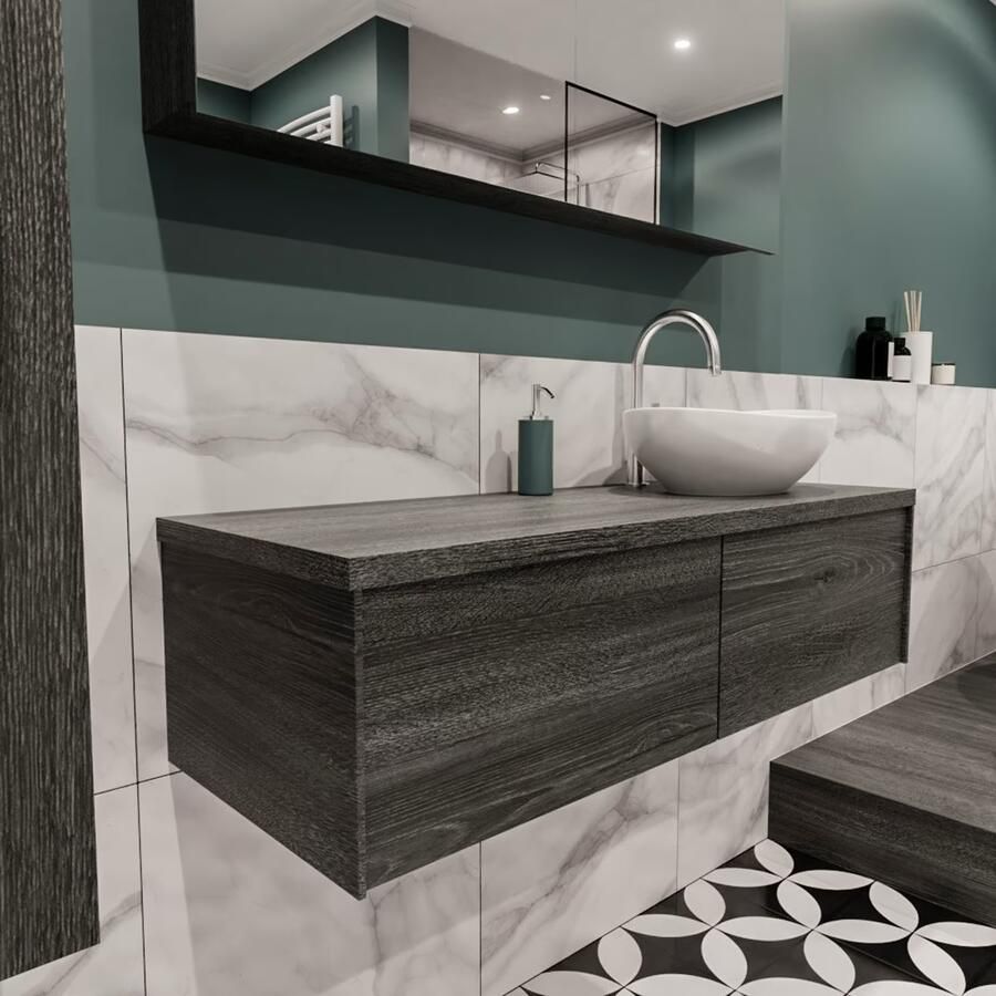 Zaro Lush onderkast met topblad 120cm in kleur ANTRACITE met 2 lades Push tot open geschikt voor rechtse wastafel. Met ovale keramische opzetkom met 1 kraangat(en) in het topblad - Foto 4