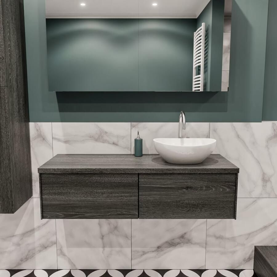 Zaro Lush onderkast met topblad 120cm in kleur ANTRACITE met 2 lades Push tot open geschikt voor rechtse wastafel. Met ovale keramische opzetkom met 1 kraangat(en) in het topblad - Foto 2