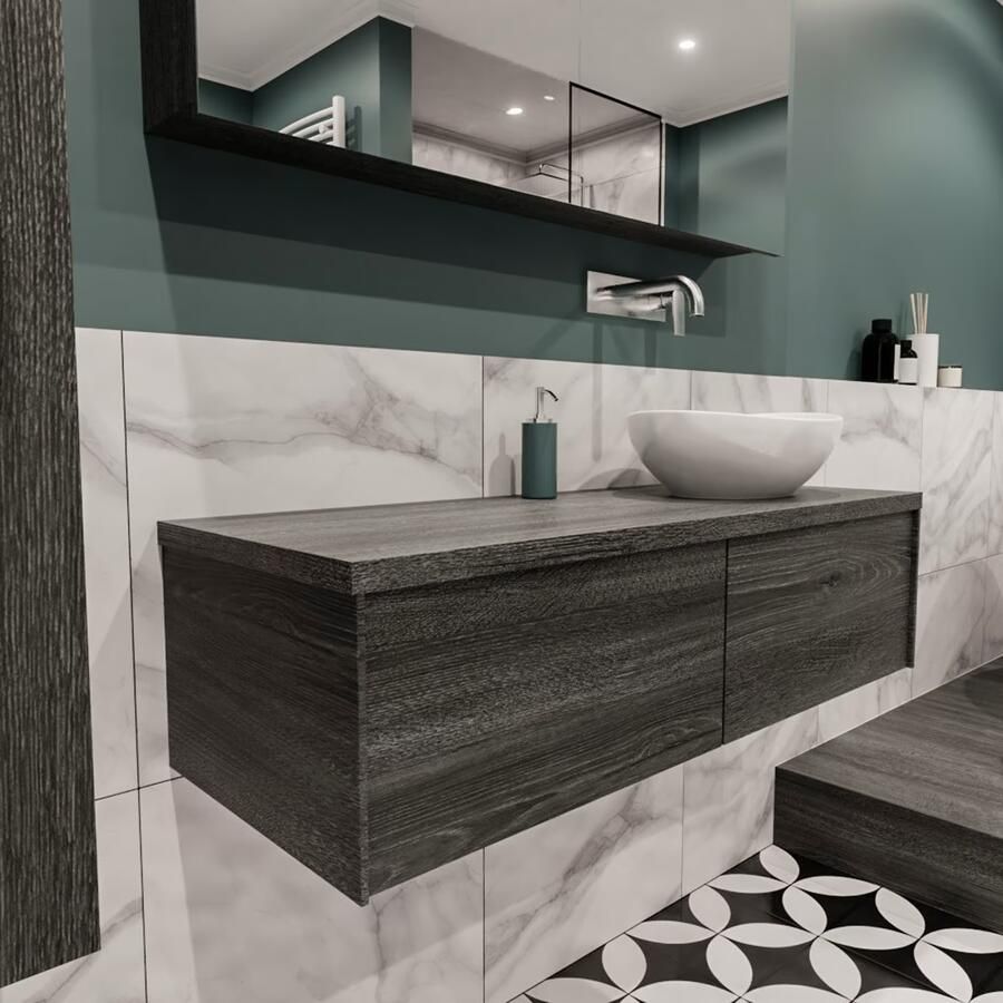 Zaro Lush onderkast met topblad 120cm in kleur ANTRACITE met 2 lades Push tot open geschikt voor rechtse wastafel. Met ovale keramische opzetkom met 0 kraangat(en) in het topblad - Foto 4