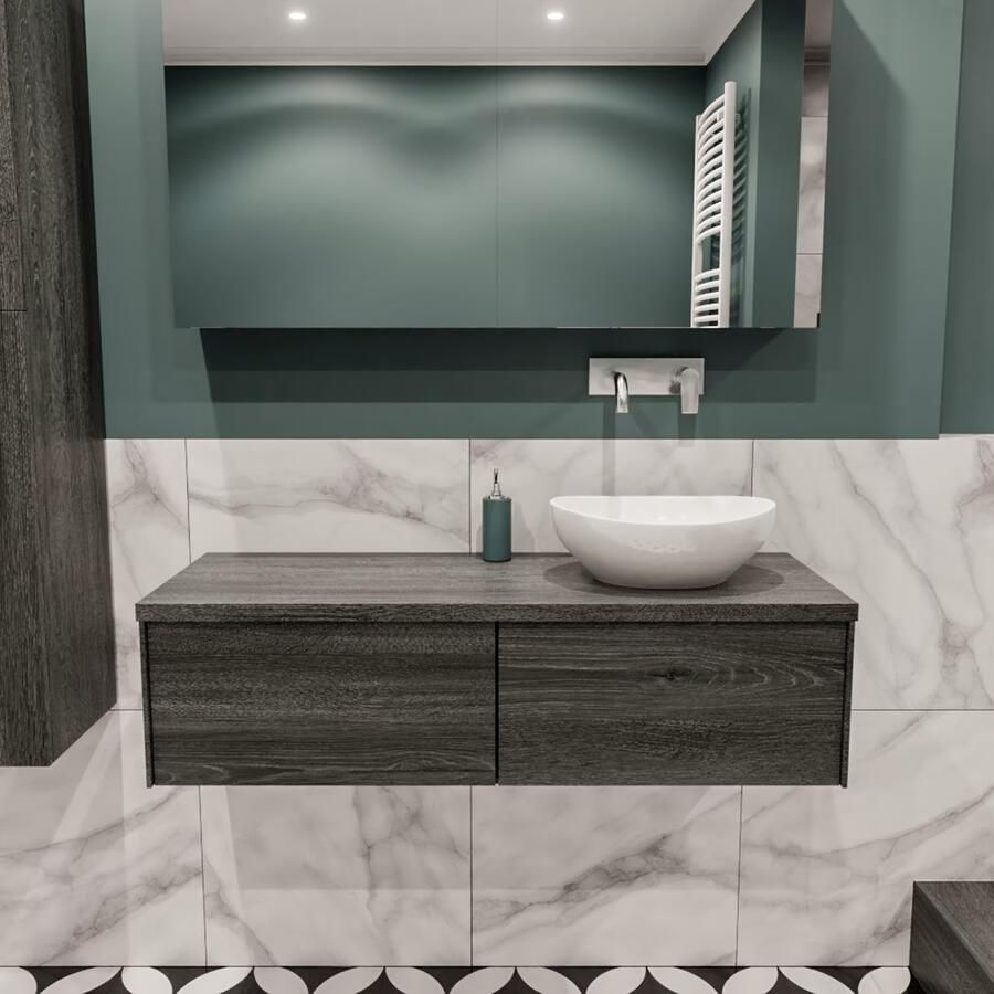 Zaro Lush onderkast met topblad 120cm in kleur ANTRACITE met 2 lades Push tot open geschikt voor rechtse wastafel. Met ovale keramische opzetkom met 0 kraangat(en) in het topblad - Foto 2