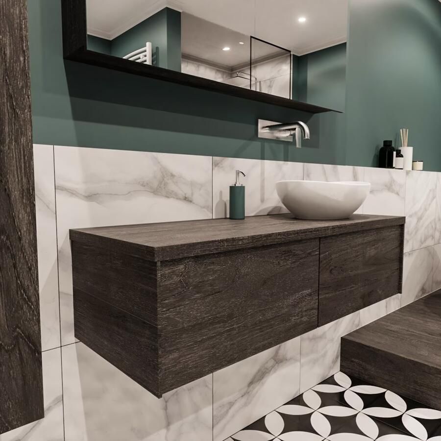 Zaro Lush onderkast met topblad 120cm in kleur DARK BROWN met 2 lades Push tot open geschikt voor rechtse wastafel. Met ovale keramische opzetkom met 0 kraangat(en) in het topblad - Foto 2