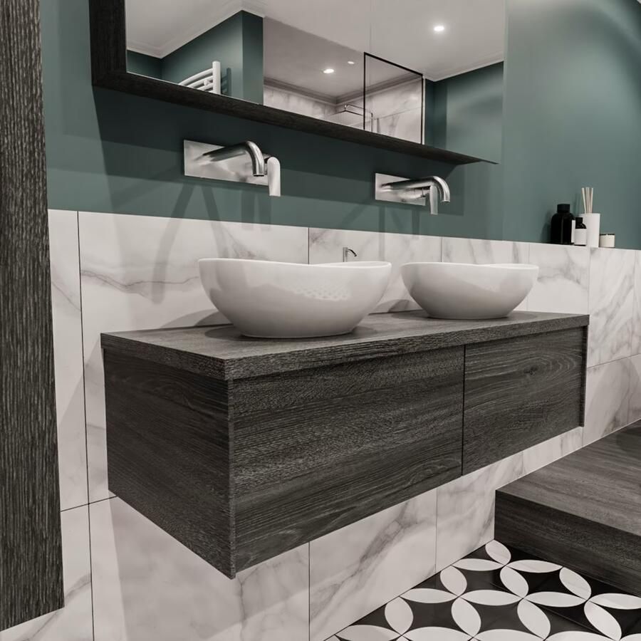 Zaro Lush onderkast met topblad 120cm in kleur ANTRACITE met 2 lades Push tot open geschikt voor dubbele wastafel. Met ovale keramische opzetkom met 0 kraangat(en) in het topblad - Foto 3