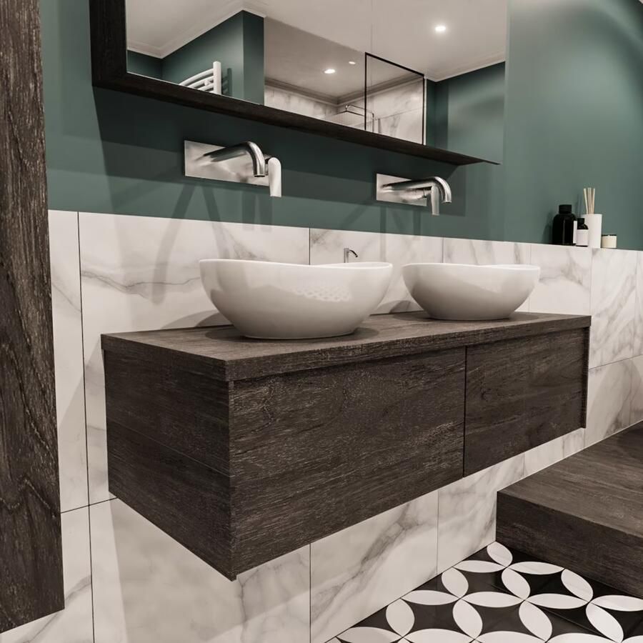 Zaro Lush onderkast met topblad 120cm in kleur DARK BROWN met 2 lades Push tot open geschikt voor dubbele wastafel. Met ovale keramische opzetkom met 0 kraangat(en) in het topblad - Foto 5