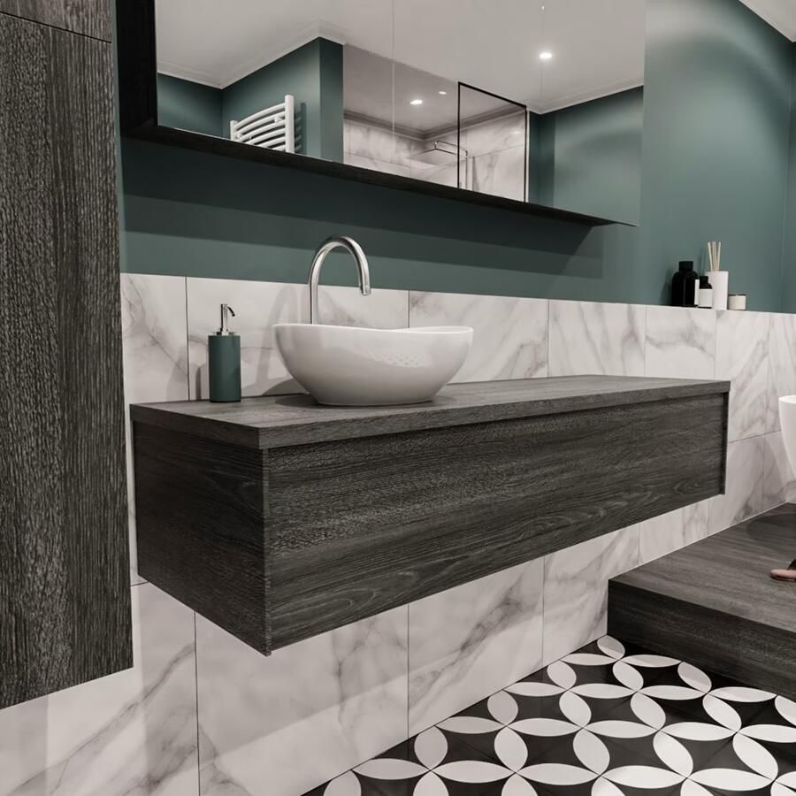 Zaro Lush onderkast met topblad 150cm in kleur ANTRACITE met 1 lades Push tot open geschikt voor linkse wastafel. Met ovale keramische opzetkom met 1 kraangat(en) in het topblad - Foto 3