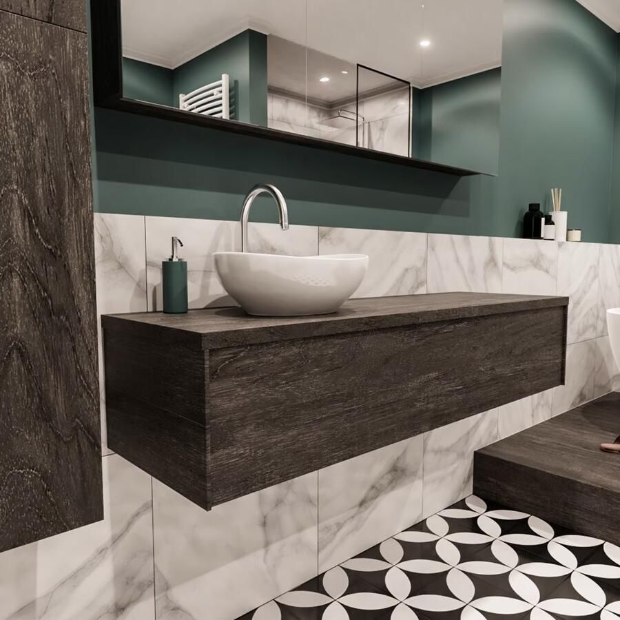 Zaro Lush onderkast met topblad 150cm in kleur DARK BROWN met 1 lades Push tot open geschikt voor linkse wastafel. Met ovale keramische opzetkom met 1 kraangat(en) in het topblad