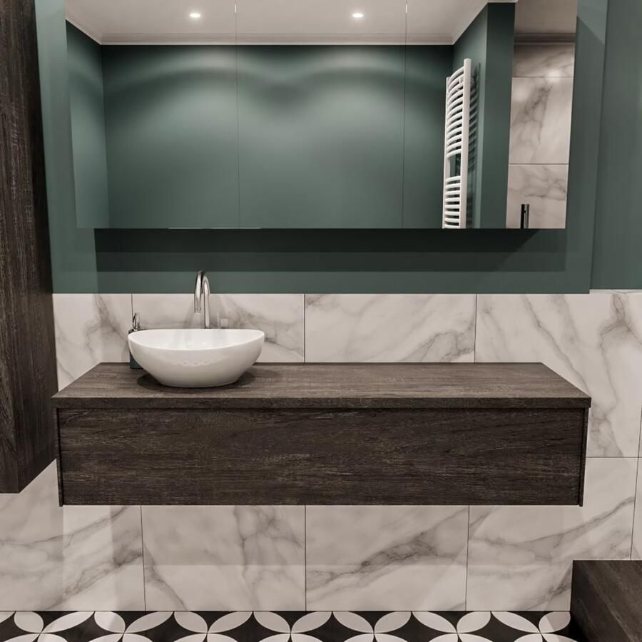 Zaro Lush onderkast met topblad 150cm in kleur DARK BROWN met 1 lades Push tot open geschikt voor linkse wastafel. Met ovale keramische opzetkom met 1 kraangat(en) in het topblad - Foto 2