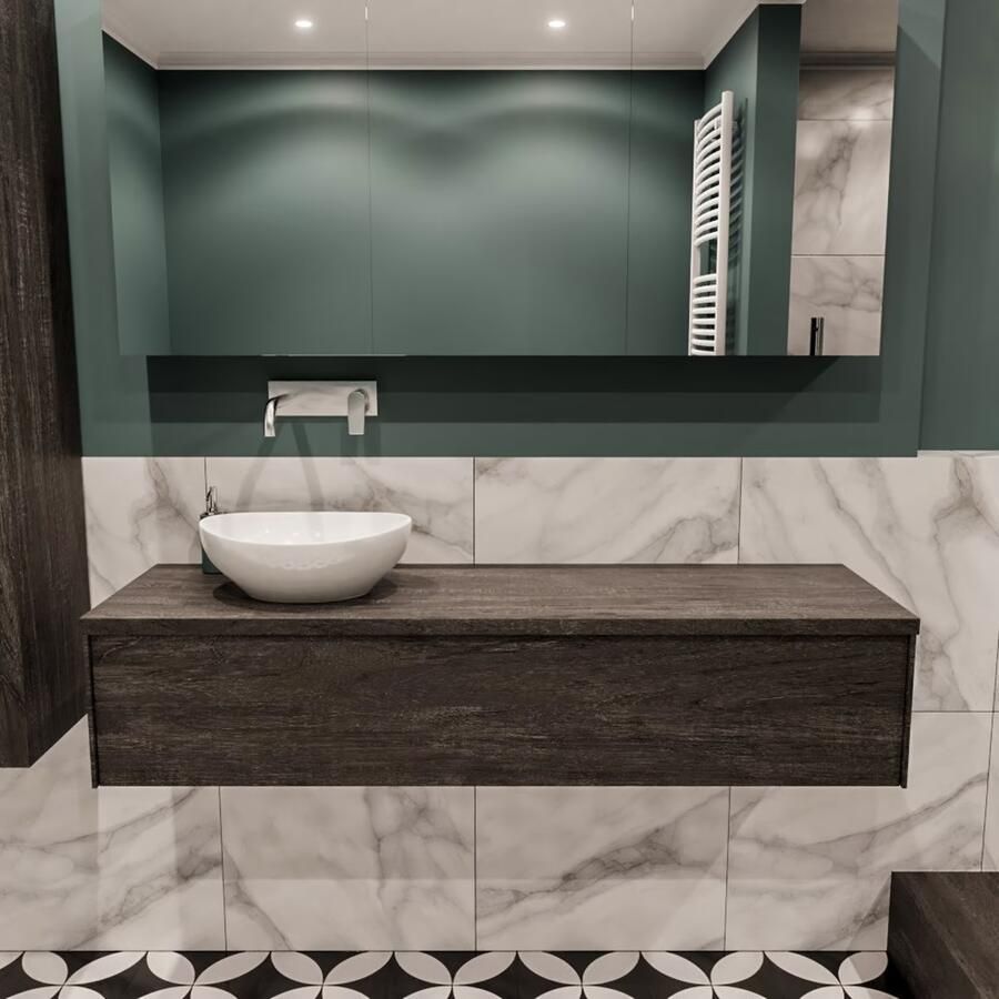 Zaro Lush onderkast met topblad 150cm in kleur DARK BROWN met 1 lades Push tot open geschikt voor linkse wastafel. Met ovale keramische opzetkom met 0 kraangat(en) in het topblad - Foto 2