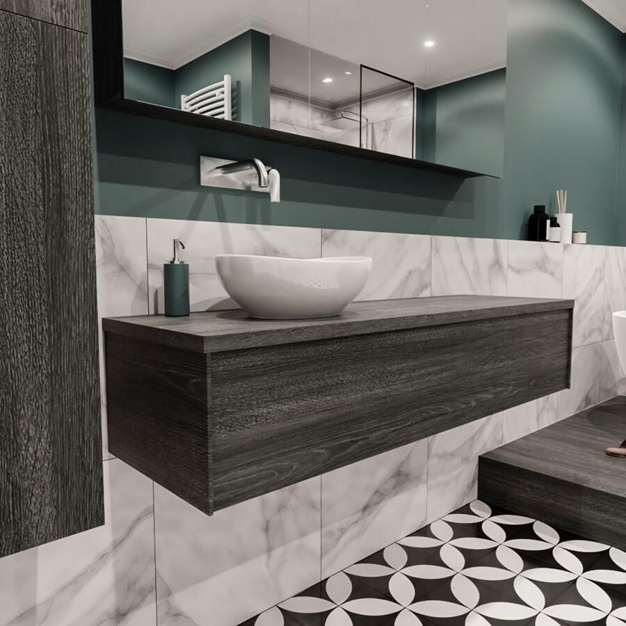 Zaro Lush onderkast met topblad 150cm in kleur ANTRACITE met 1 lades Push tot open geschikt voor linkse wastafel. Met ovale keramische opzetkom met 0 kraangat(en) in het topblad - Foto 3