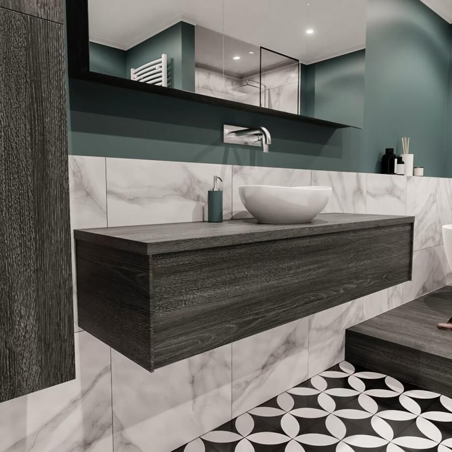 Zaro Lush onderkast met topblad 150cm in kleur ANTRACITE met 1 lades Push tot open geschikt voor gecentreerde wastafel. Met ovale keramische opzetkom met 0 kraangat(en) in het topblad - Foto 3