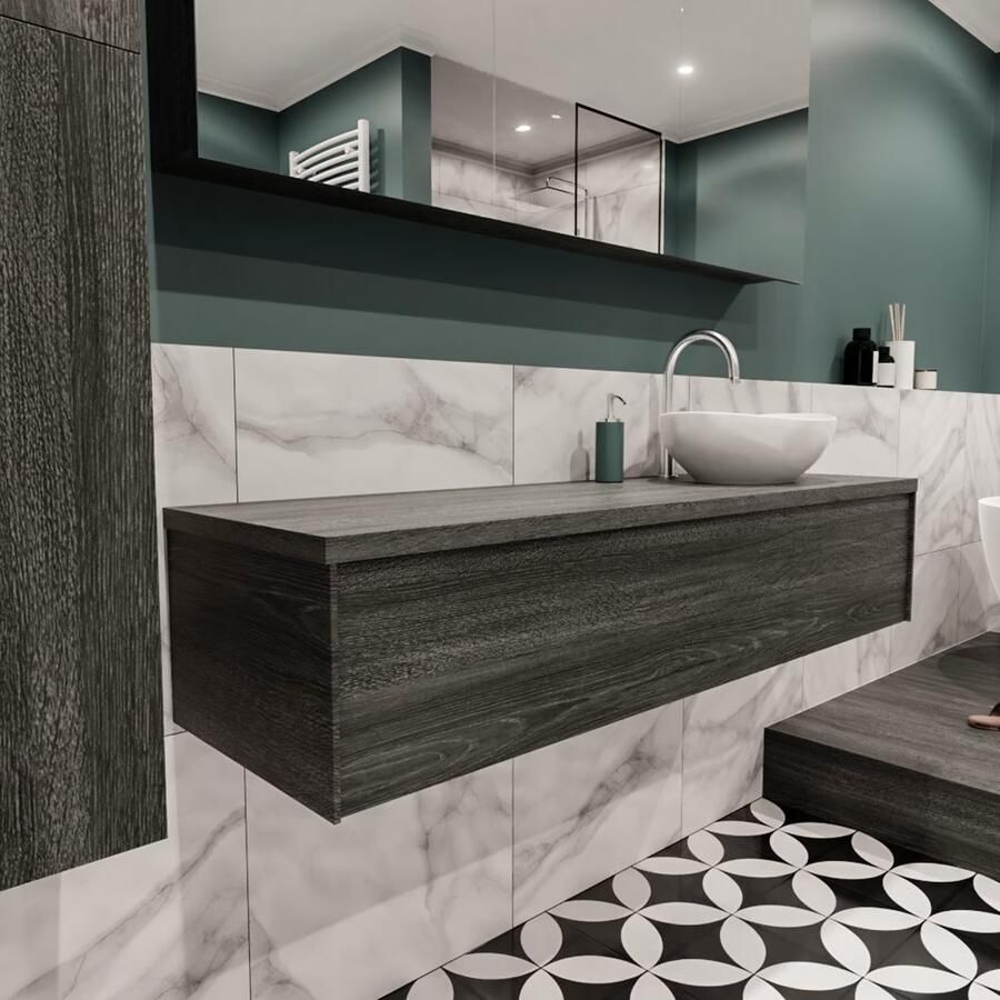 Zaro Lush onderkast met topblad 150cm in kleur ANTRACITE met 1 lades Push tot open geschikt voor rechtse wastafel. Met ovale keramische opzetkom met 1 kraangat(en) in het topblad - Foto 3