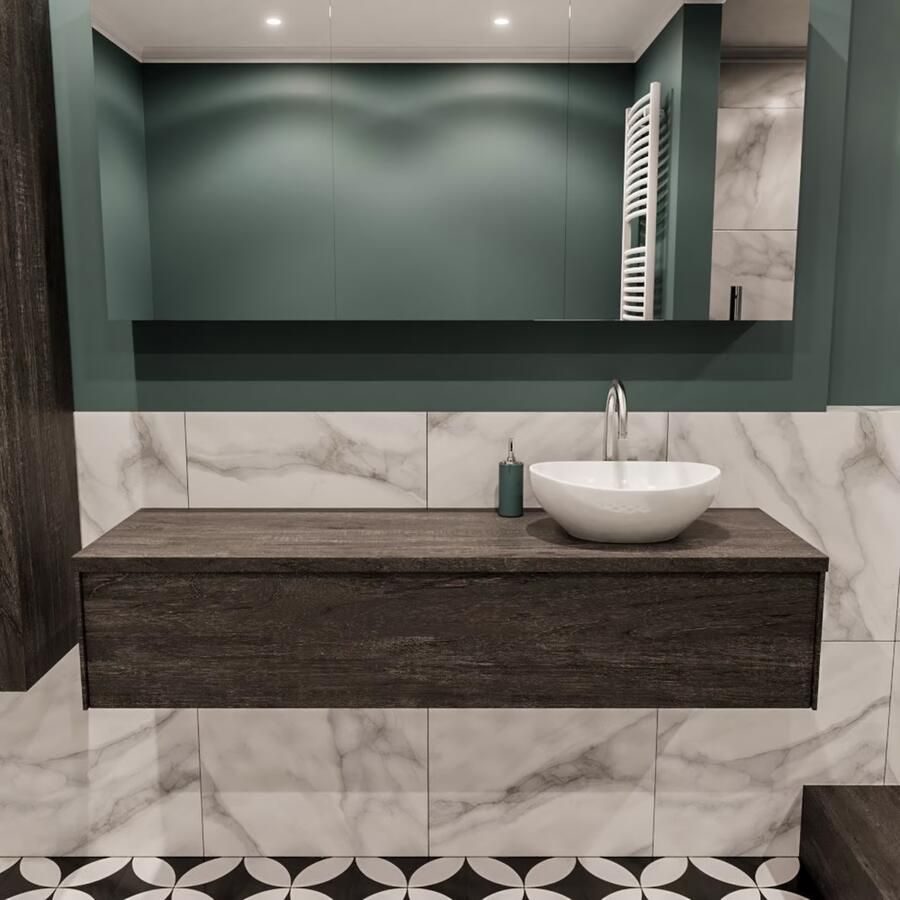 Zaro Lush onderkast met topblad 150cm in kleur DARK BROWN met 1 lades Push tot open geschikt voor rechtse wastafel. Met ovale keramische opzetkom met 1 kraangat(en) in het topblad - Foto 2