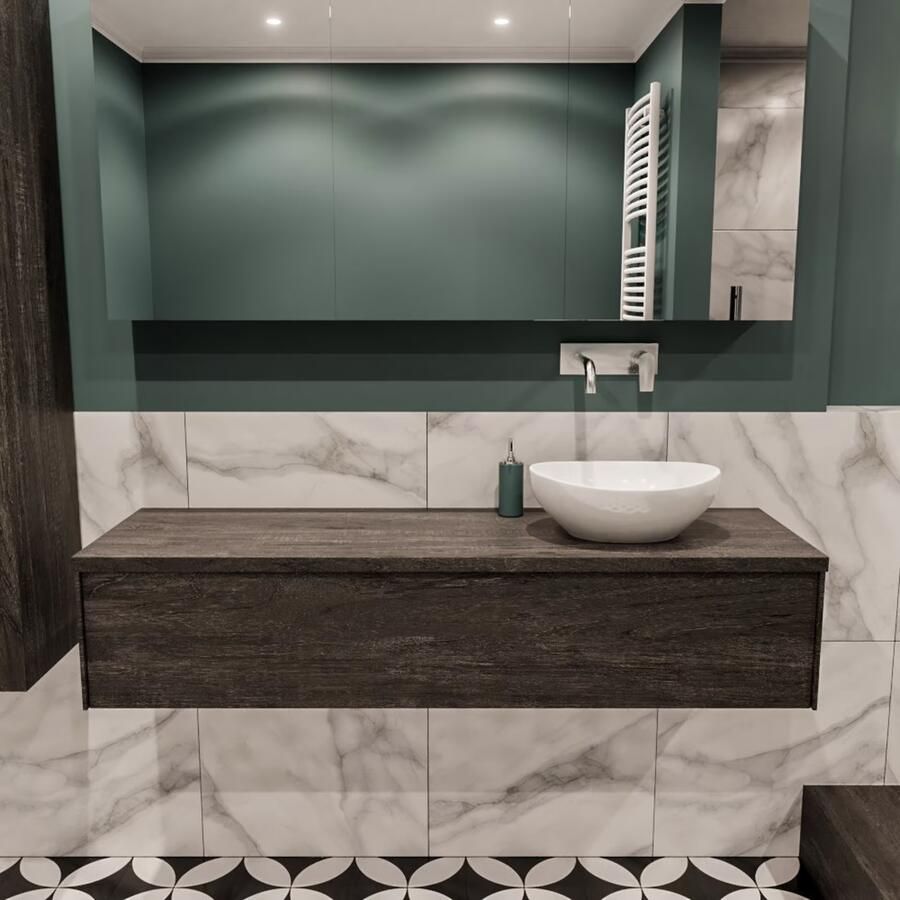 Zaro Lush onderkast met topblad 150cm in kleur DARK BROWN met 1 lades Push tot open geschikt voor rechtse wastafel. Met ovale keramische opzetkom met 0 kraangat(en) in het topblad - Foto 2