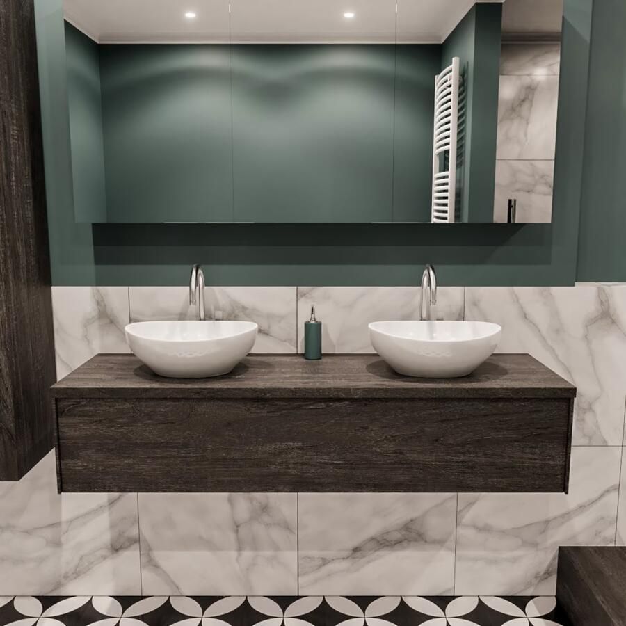 Zaro Lush onderkast met topblad 150cm in kleur DARK BROWN met 1 lades Push tot open geschikt voor dubbele wastafel. Met ovale keramische opzetkom met 2 kraangat(en) in het topblad - Foto 2