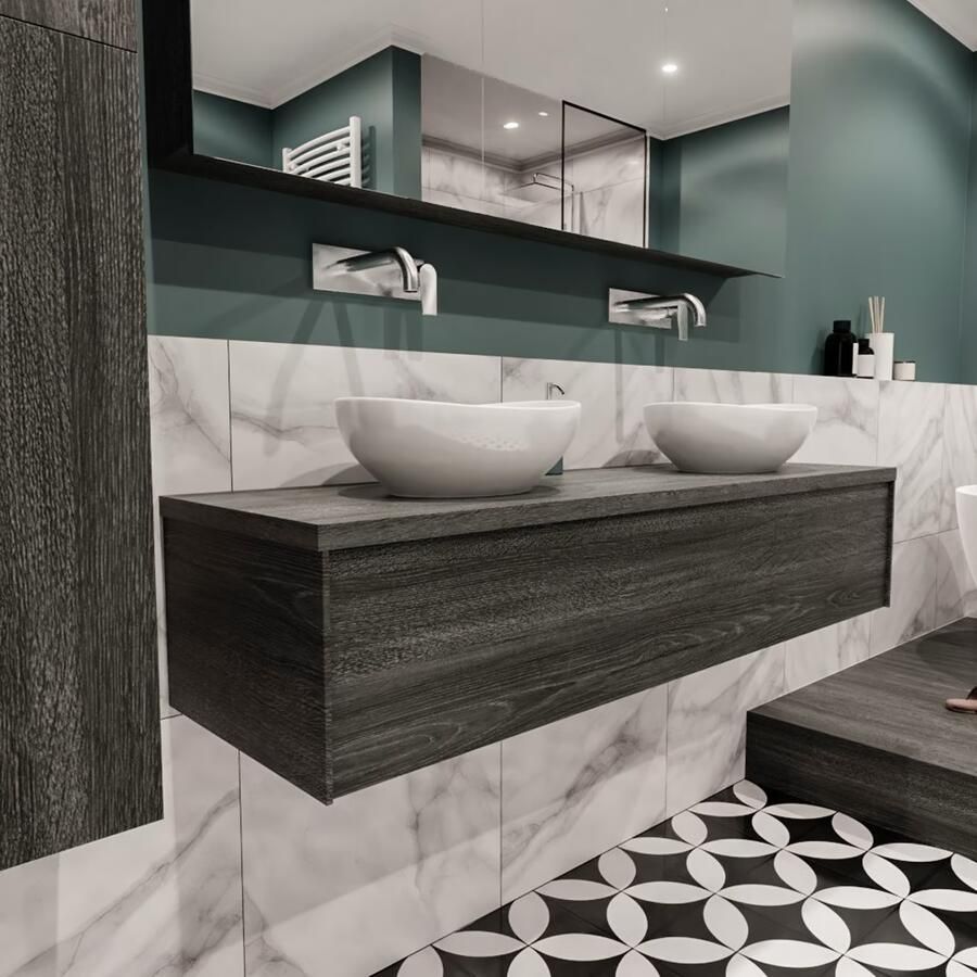 Zaro Lush onderkast met topblad 150cm in kleur ANTRACITE met 1 lades Push tot open geschikt voor dubbele wastafel. Met ovale keramische opzetkom met 0 kraangat(en) in het topblad - Foto 4