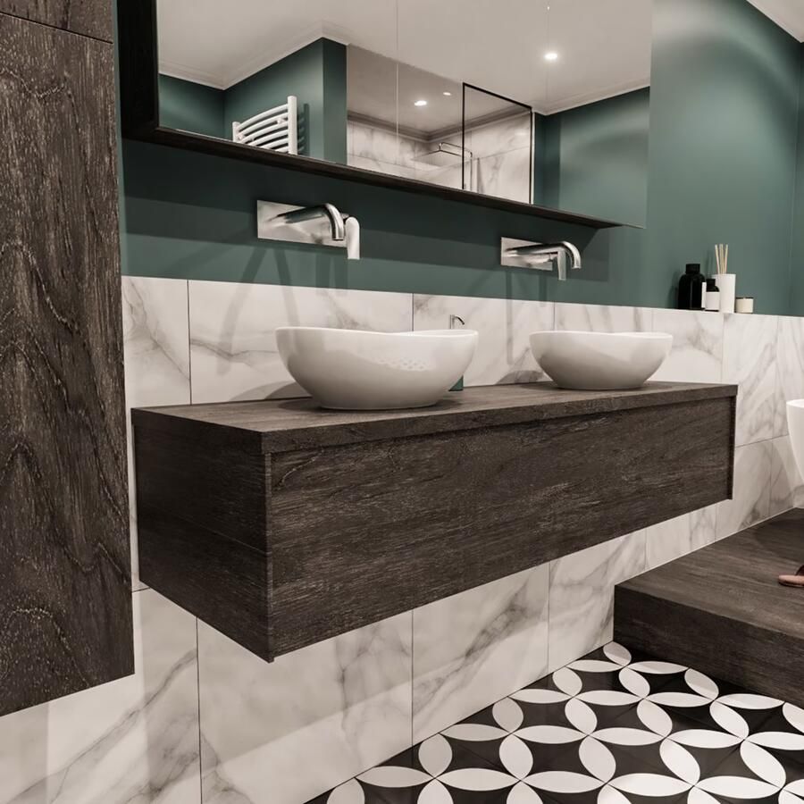 Zaro Lush onderkast met topblad 150cm in kleur DARK BROWN met 1 lades Push tot open geschikt voor dubbele wastafel. Met ovale keramische opzetkom met 0 kraangat(en) in het topblad - Foto 3