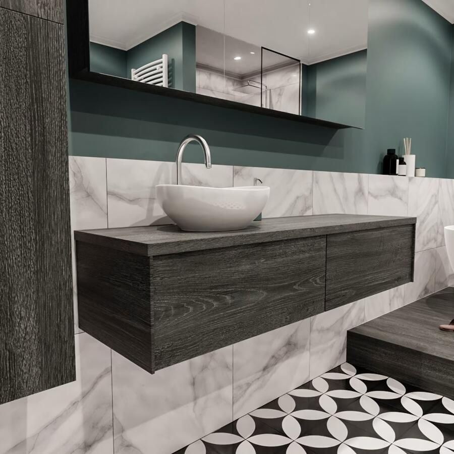 Zaro Lush onderkast met topblad 150cm in kleur ANTRACITE met 2 lades Push tot open geschikt voor linkse wastafel. Met ovale keramische opzetkom met 1 kraangat(en) in het topblad - Foto 3