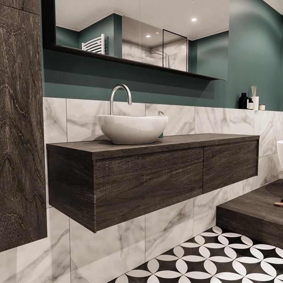 Zaro Lush onderkast met topblad 150cm in kleur DARK BROWN met 2 lades Push tot open geschikt voor linkse wastafel. Met ovale keramische opzetkom met 1 kraangat(en) in het topblad - Foto 3