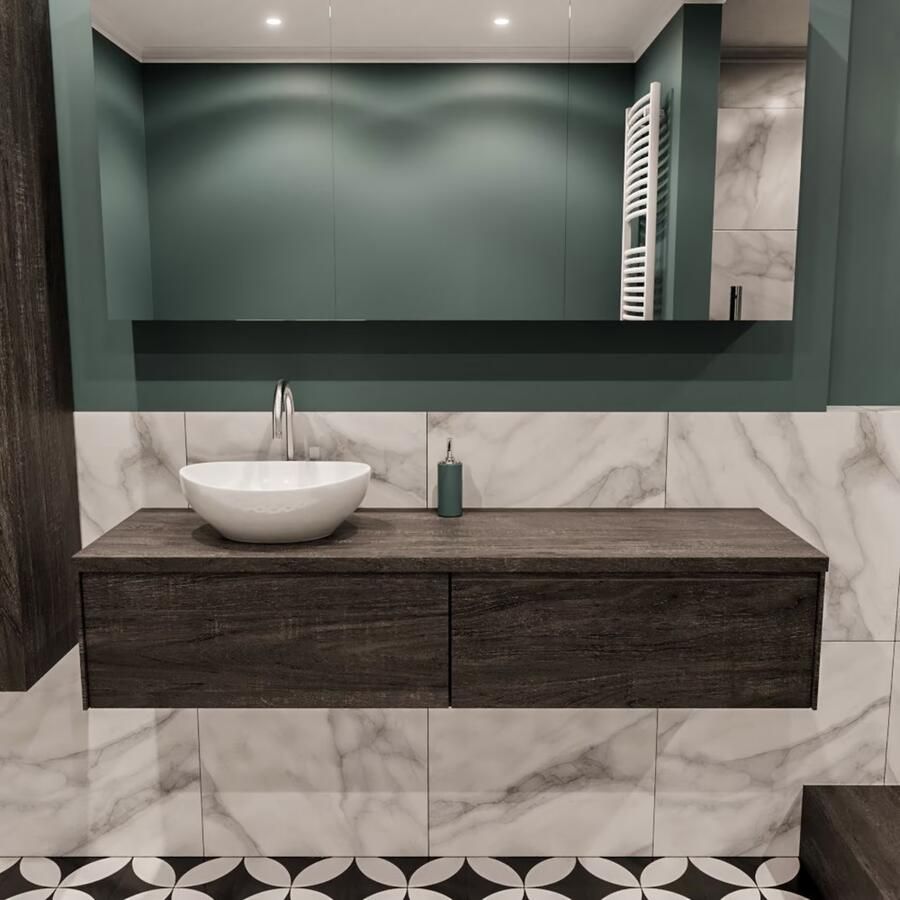 Zaro Lush onderkast met topblad 150cm in kleur DARK BROWN met 2 lades Push tot open geschikt voor linkse wastafel. Met ovale keramische opzetkom met 1 kraangat(en) in het topblad