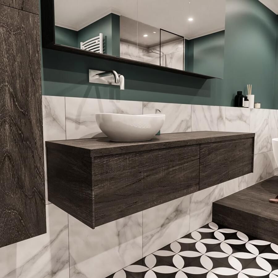 Zaro Lush onderkast met topblad 150cm in kleur DARK BROWN met 2 lades Push tot open geschikt voor linkse wastafel. Met ovale keramische opzetkom met 0 kraangat(en) in het topblad - Foto 4