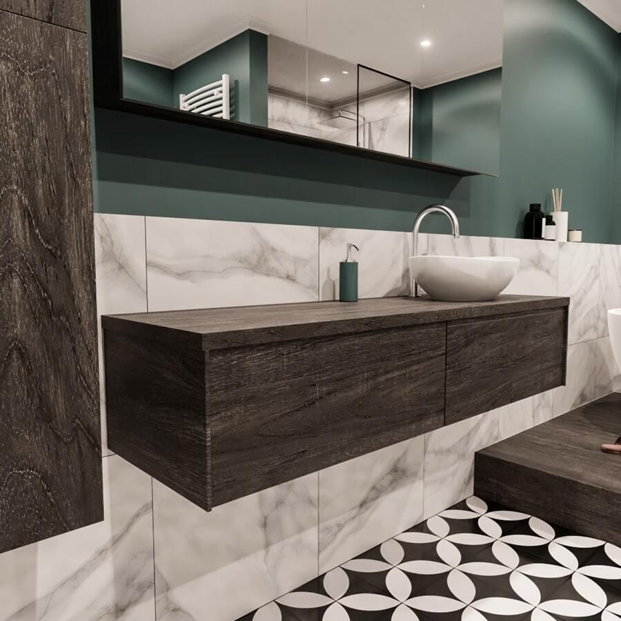 Zaro Lush onderkast met topblad 150cm in kleur DARK BROWN met 2 lades Push tot open geschikt voor rechtse wastafel. Met ovale keramische opzetkom met 1 kraangat(en) in het topblad - Foto 4