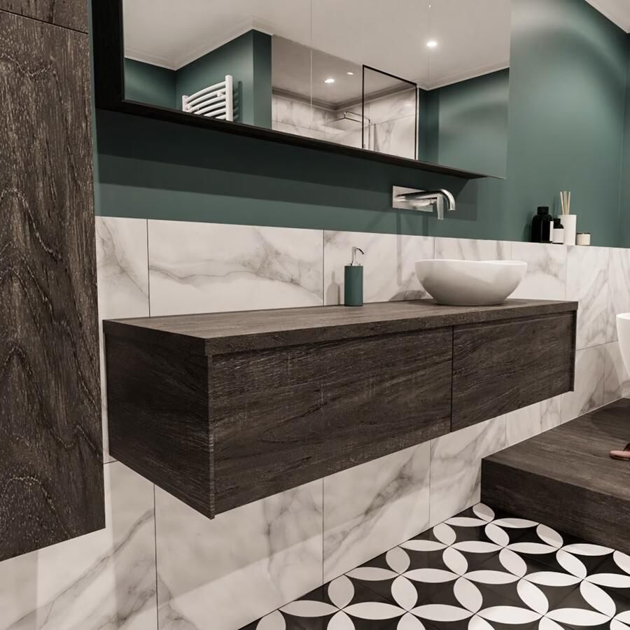 Zaro Lush onderkast met topblad 150cm in kleur DARK BROWN met 2 lades Push tot open geschikt voor rechtse wastafel. Met ovale keramische opzetkom met 0 kraangat(en) in het topblad - Foto 4