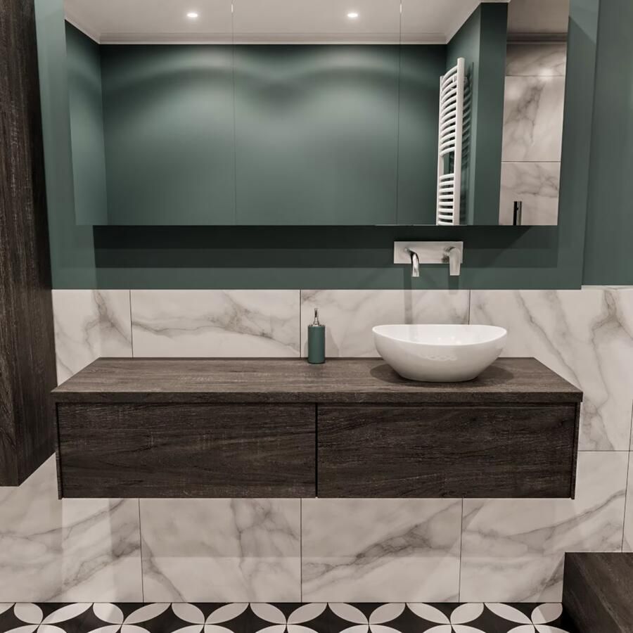 Zaro Lush onderkast met topblad 150cm in kleur DARK BROWN met 2 lades Push tot open geschikt voor rechtse wastafel. Met ovale keramische opzetkom met 0 kraangat(en) in het topblad - Foto 2